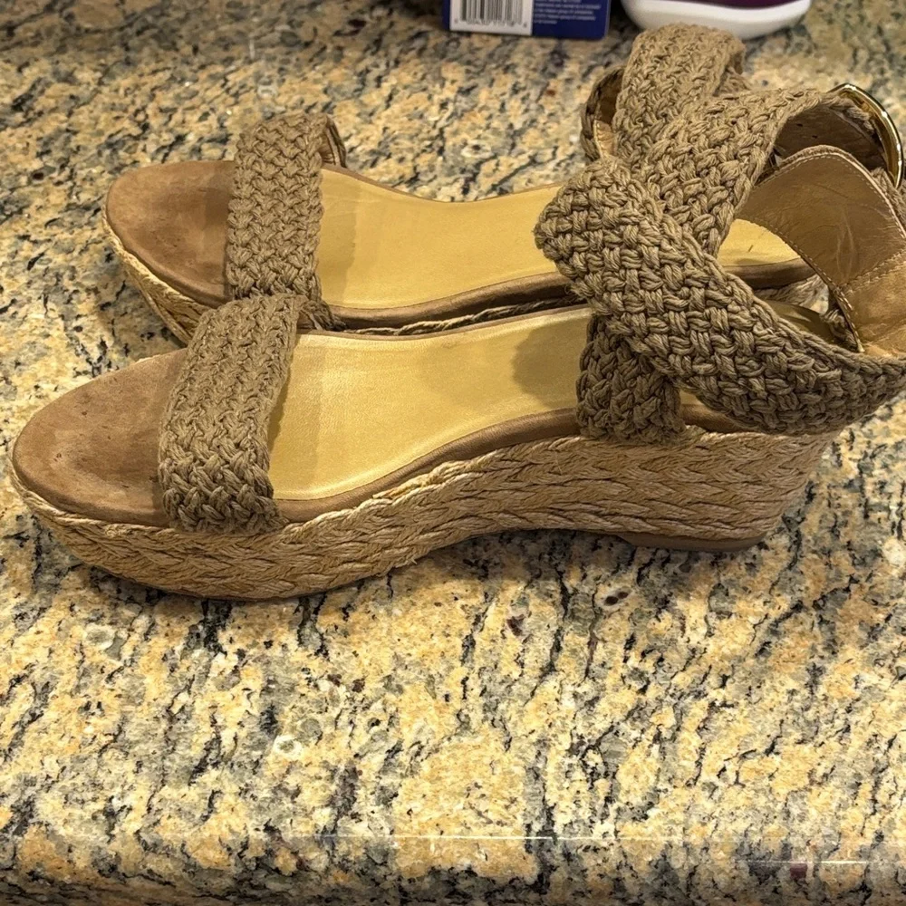 Stuart Weitzman Espadrille Wedge Sandals Ankle Wrap Size 6.5 Neutral - Picture 9 of 13
